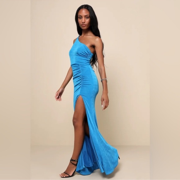 lulu Especially Breathtaking Blue Ruched One-Shoulder Maxi Dress - Picture 3 of 3